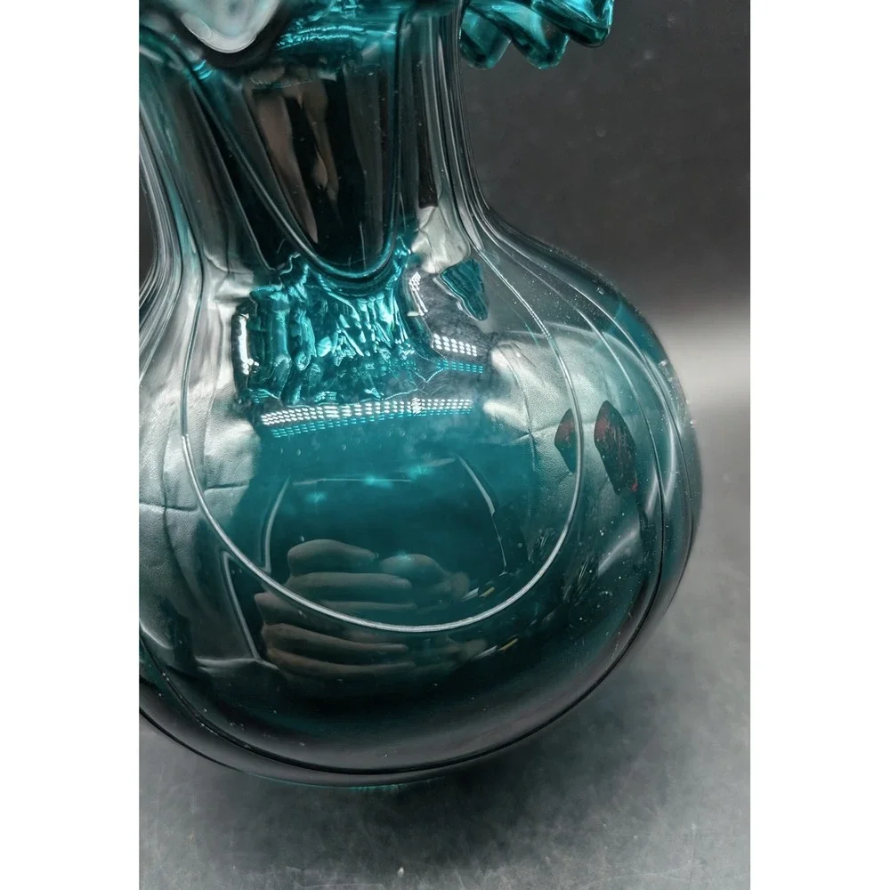 Vintage Teal Blue Hand Blown Art Glass Vase Ruffled Rim Optic Ribbed Bulbous 7